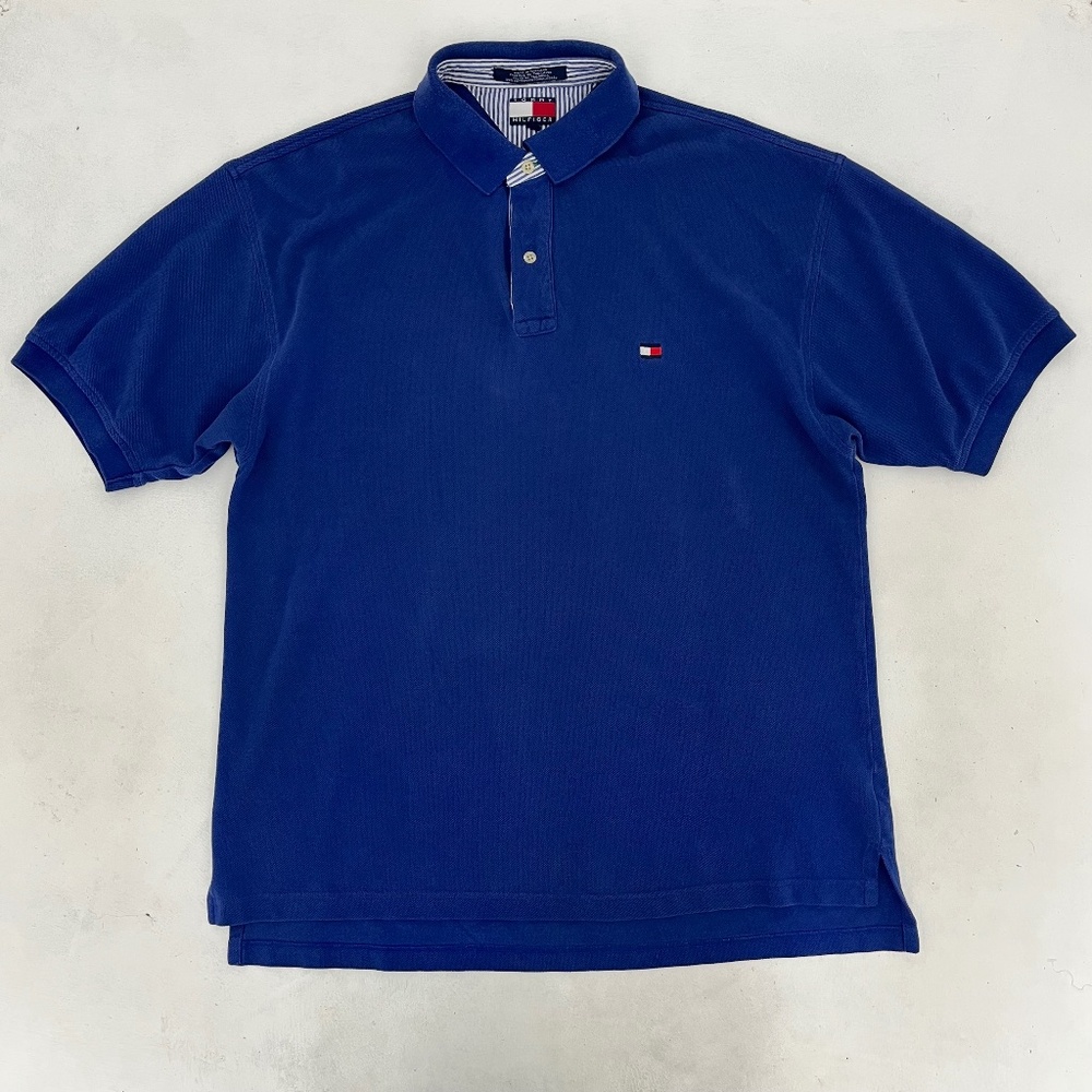 Tommy Hilfiger Mens Size Large Polo Shirt Blue Short Sleeve Embroidered Flag‎